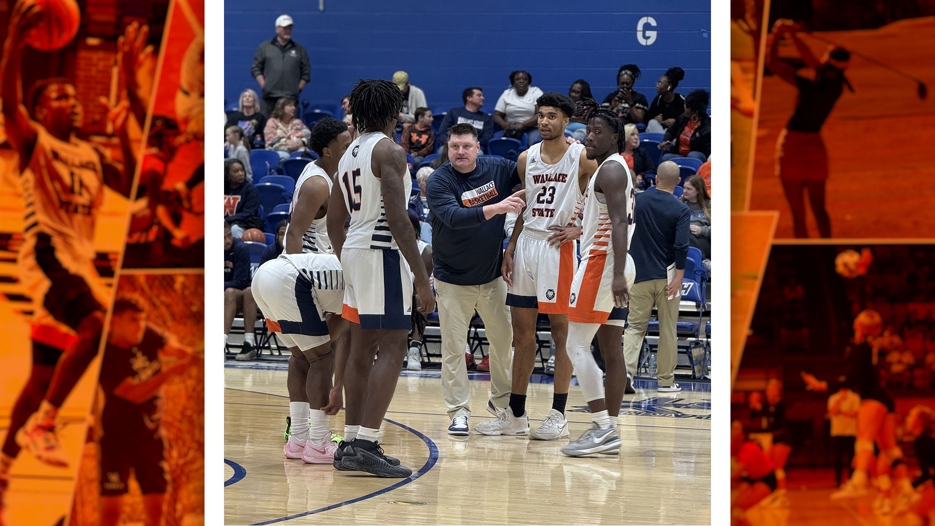 Wallace State Men's Basketball Head Coach Faron Key talks with players during a timeout in the Lions semifinal matchup between Lawson State at the Alabama Community College Conference Championship tournament at Spragins Hall on the campus of the University of Alabama at Huntsville. The Lions defeated Lawson State by a score of 98-84 to advance to the championship game on Saturday
